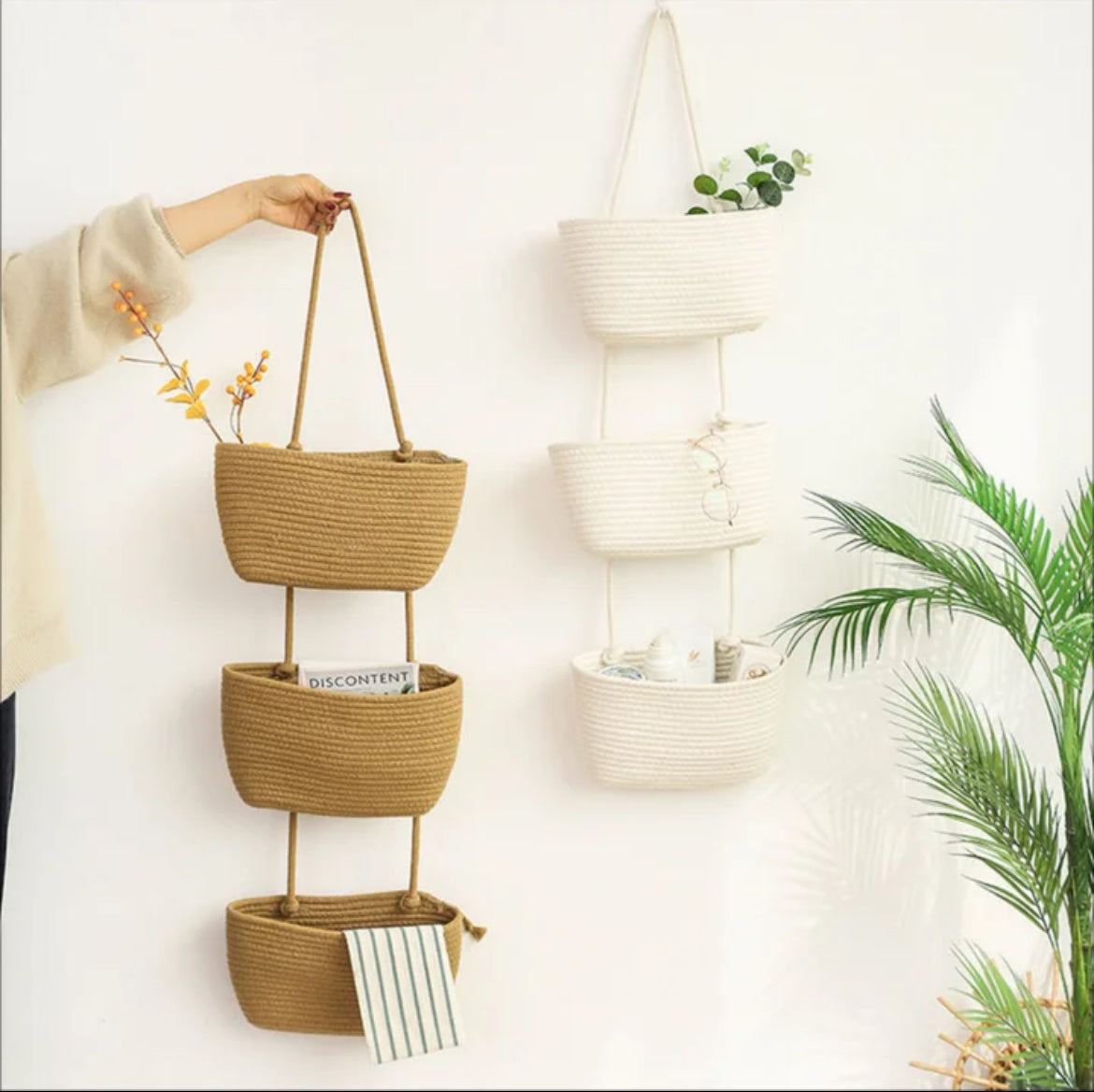 Lot de 3 paniers suspendu tissés en corde de coton style bohème - Boma