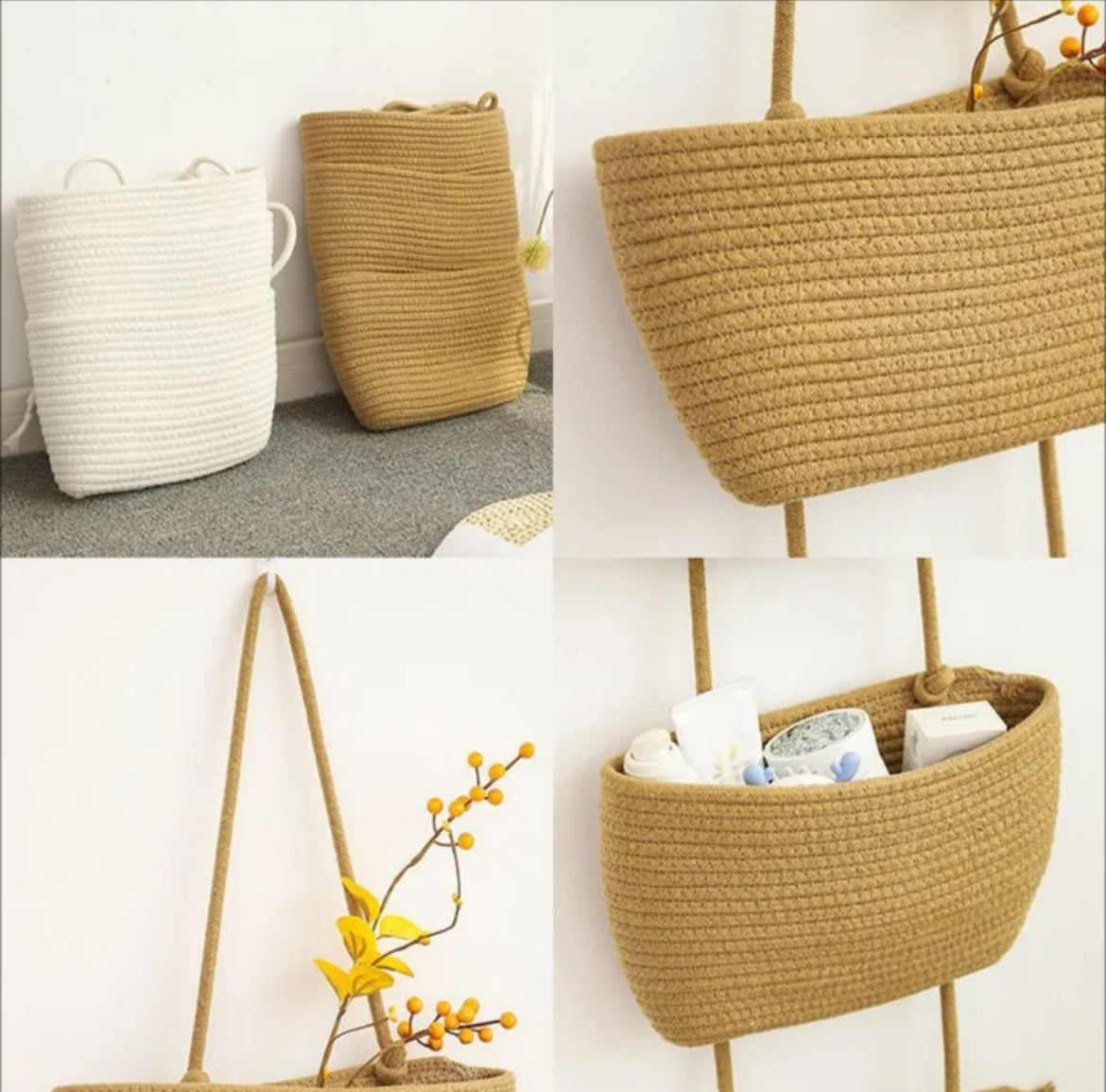 Lot de 3 paniers suspendu tissés en corde de coton style bohème - Boma