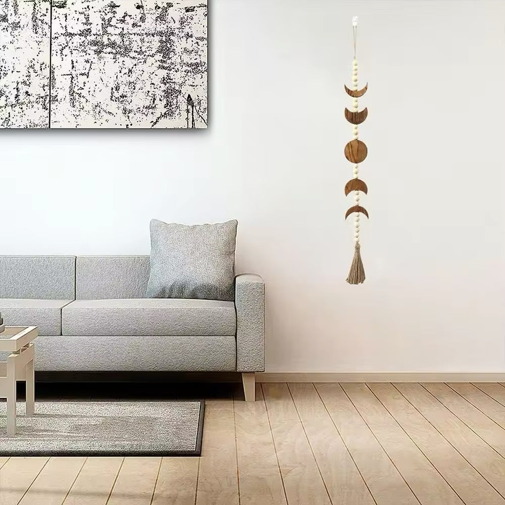 Guirlande murale de phase de lune en bois et macramé style bohème - Luna