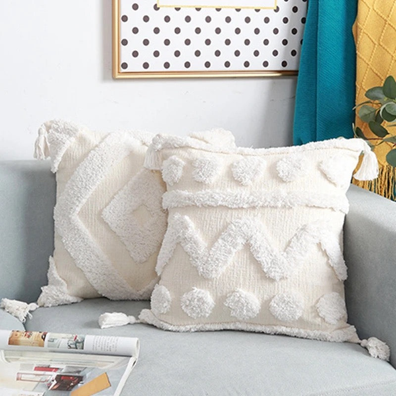 Housse de coussin tuftée à pompon style boho / bohème - Esmé