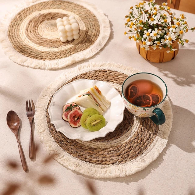 4 Sets de table ronds tissés en paille et en macramé style bohème - Pyla