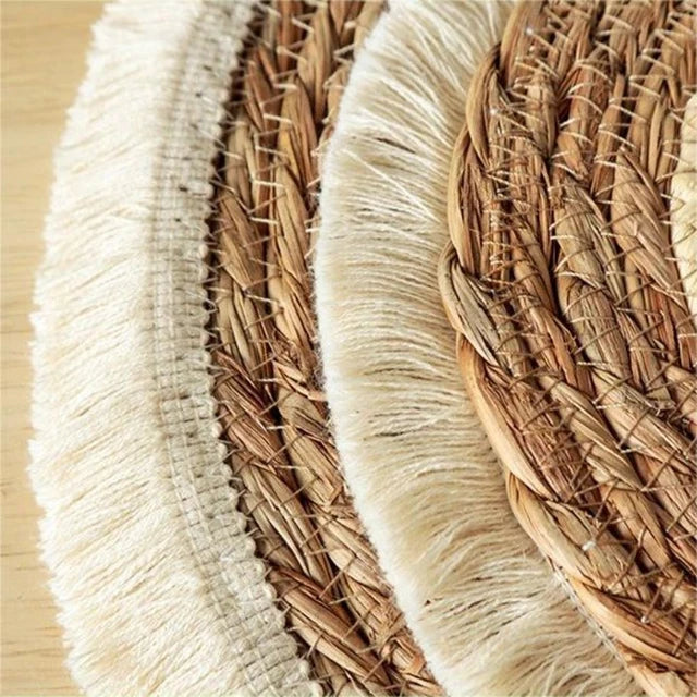 4 Sets de table ronds tissés en paille et en macramé style bohème - Pyla