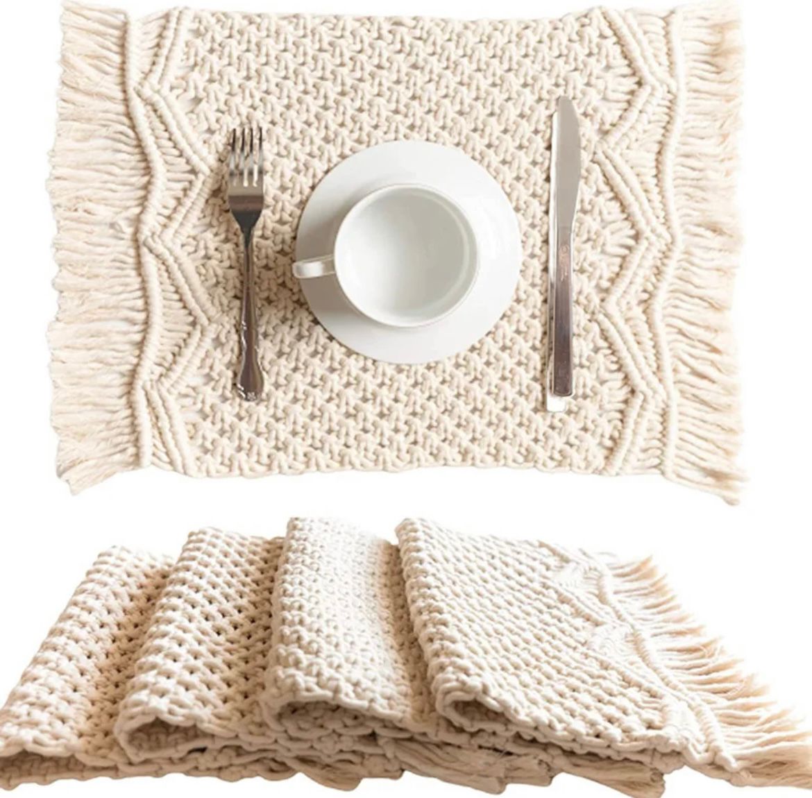 Lot de 4 sets de table en macramé tissé à la main style bohème - Sila