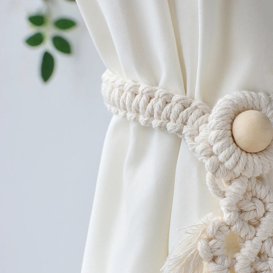 Set van 2 macramé gordijnbinders met houten kraal in bohemienstijl - Nidah