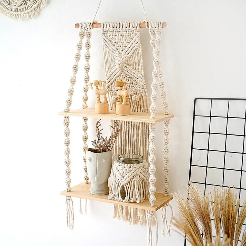 Double étagère murale en macramé style bohème - Siro
