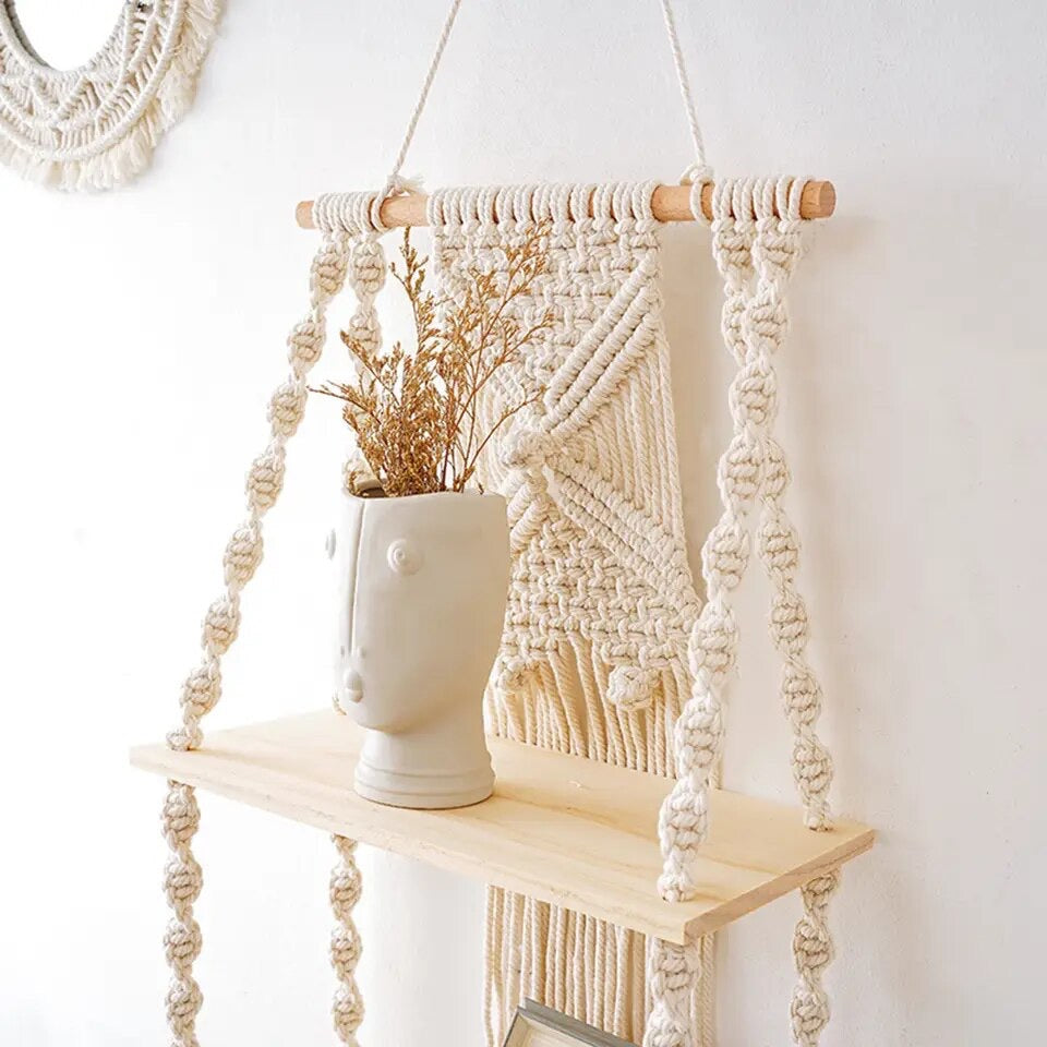 Double étagère murale en macramé style bohème - Siro