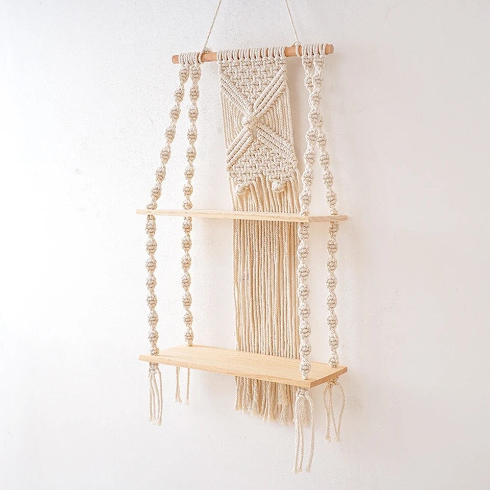 Double étagère murale en macramé style bohème - Siro