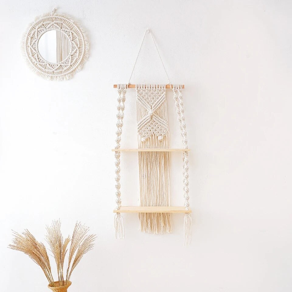 Double étagère murale en macramé style bohème - Siro