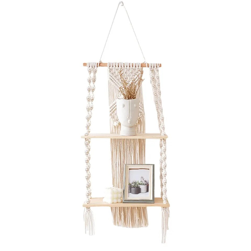 Double étagère murale en macramé style bohème - Siro