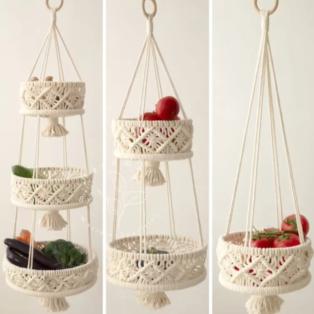 Grand panier suspendu en macramé à 3 niveaux style bohème - Pilmo