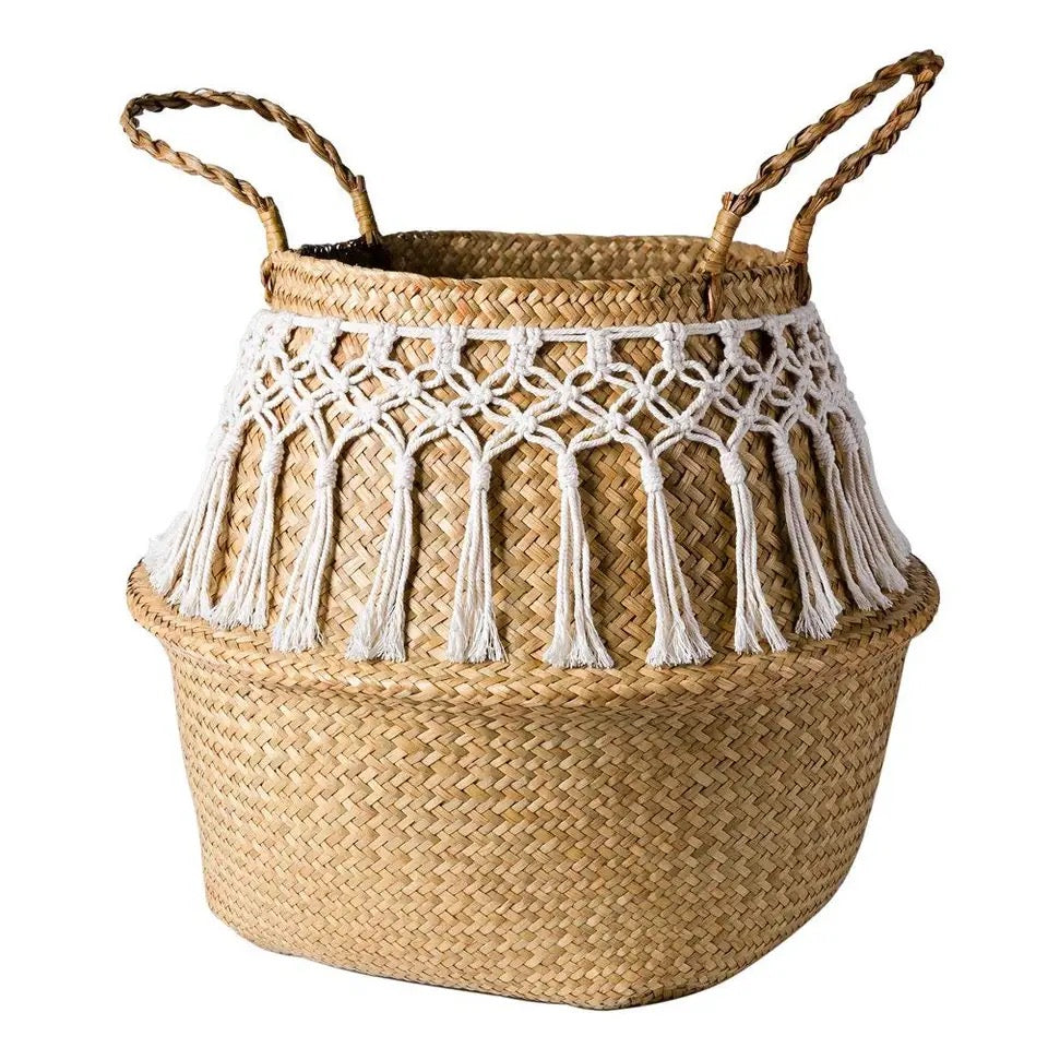 Panier de rangement en jonc de mer avec ornement en macramé style bohème - Derio