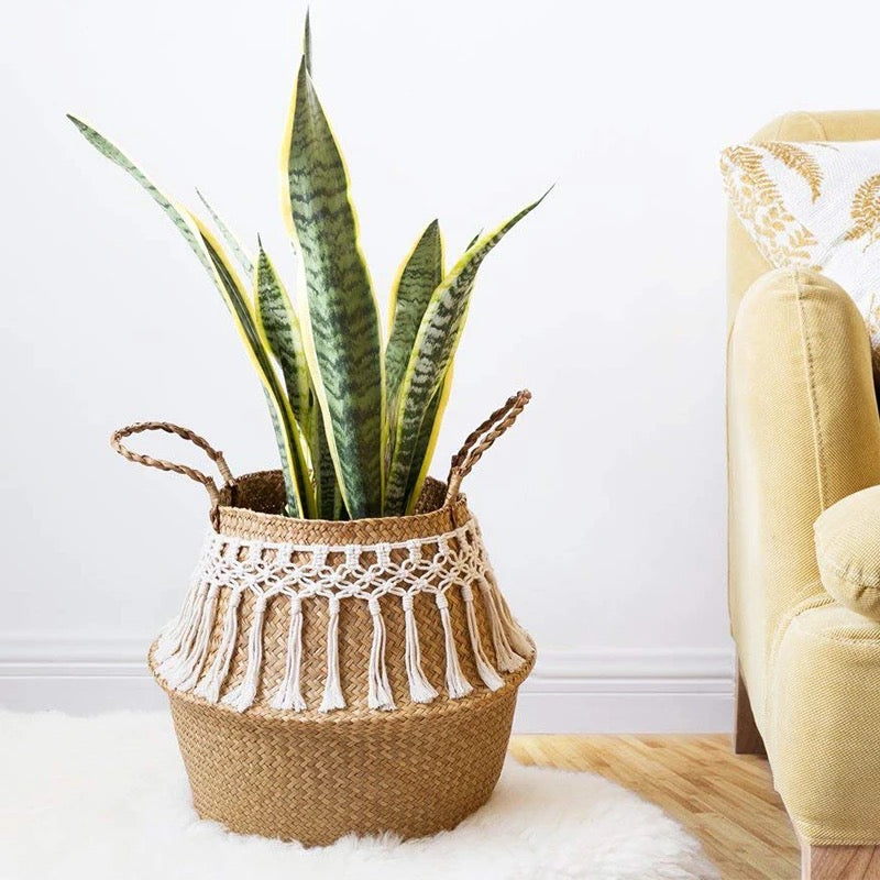 Panier de rangement en jonc de mer avec ornement en macramé style bohème - Derio