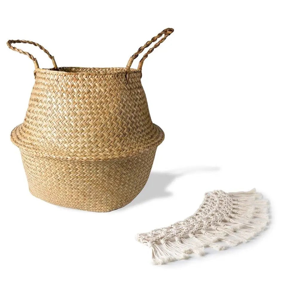 Panier de rangement en jonc de mer avec ornement en macramé style bohème - Derio