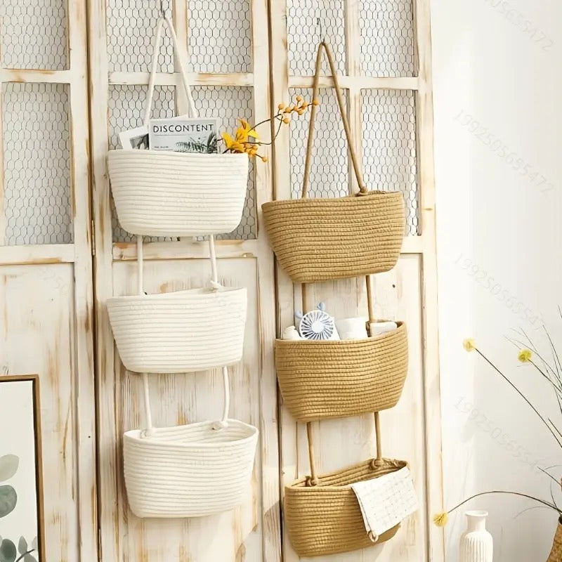 Lot de 3 paniers suspendu tissés en corde de coton style bohème - Boma