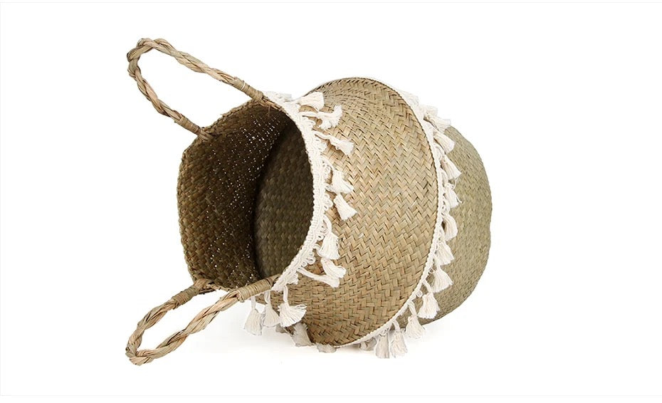 Panier rond en rotin tissé et macramé style bohème - Sikou