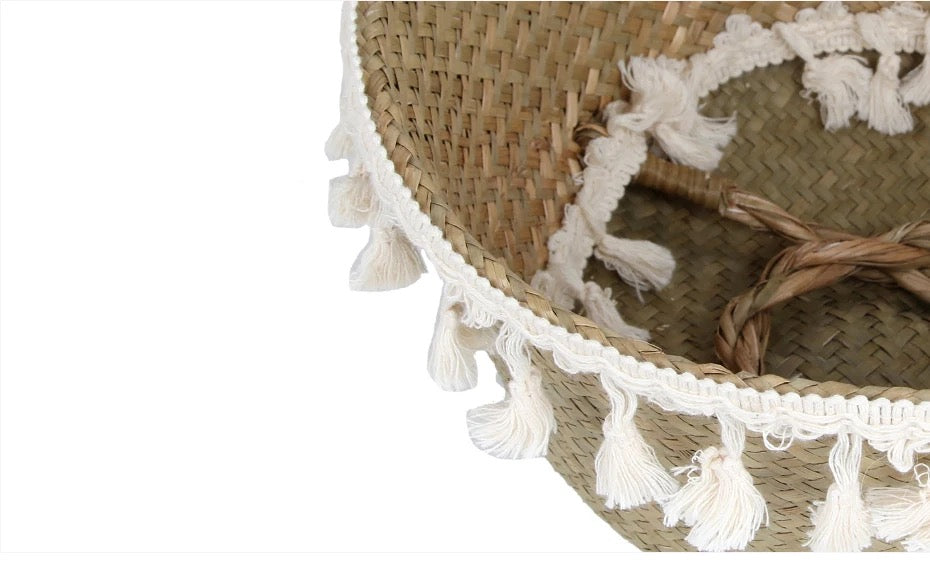 Panier rond en rotin tissé et macramé style bohème - Sikou