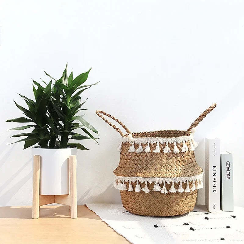 Panier rond en rotin tissé et macramé style bohème - Sikou