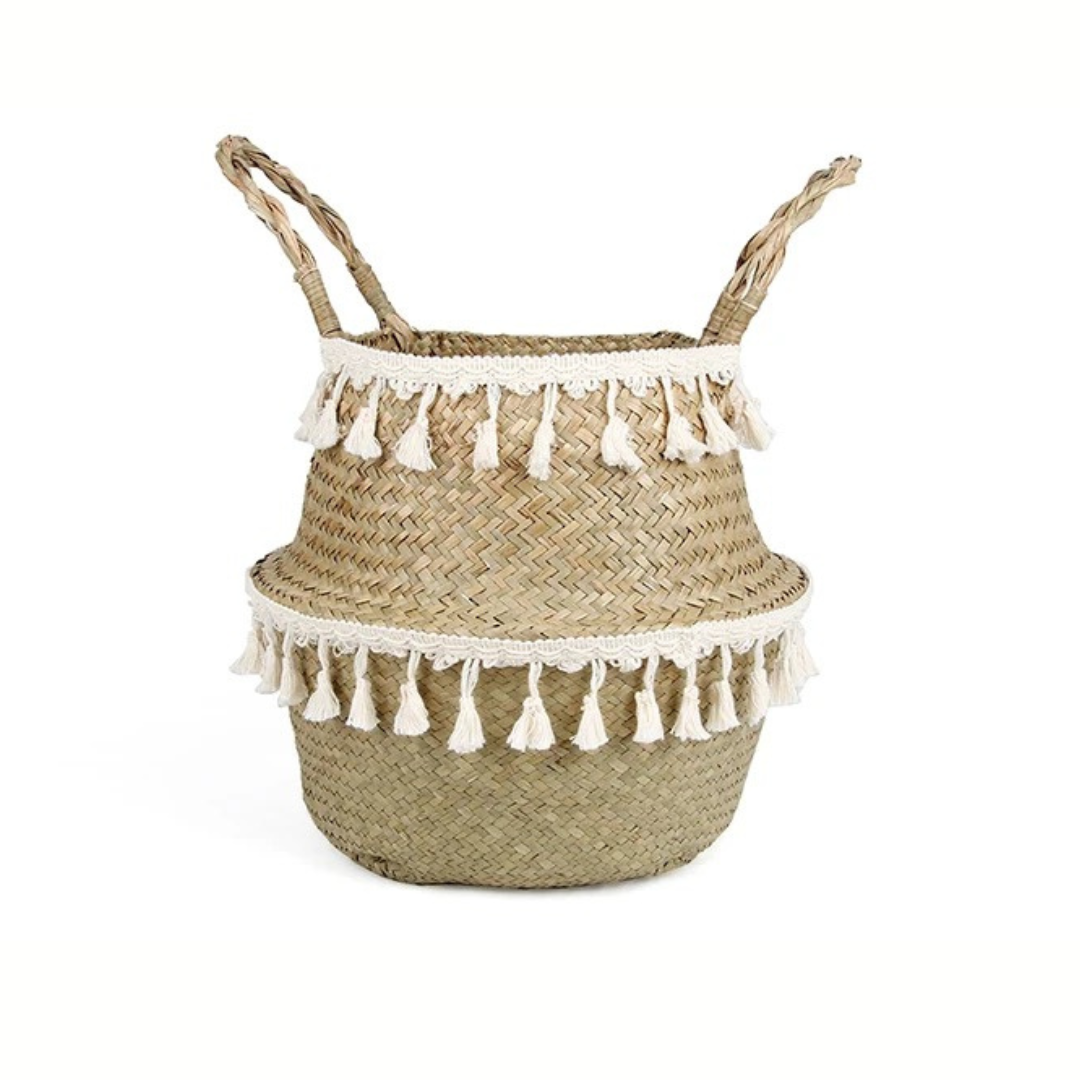 Panier rond en rotin tissé et macramé style bohème - Sikou