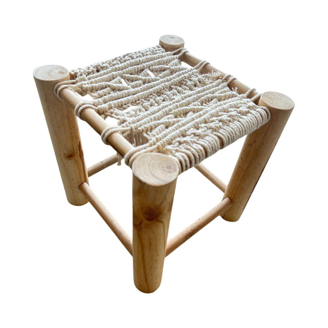 Tabouret en bois et macramé style bohème - Pogo