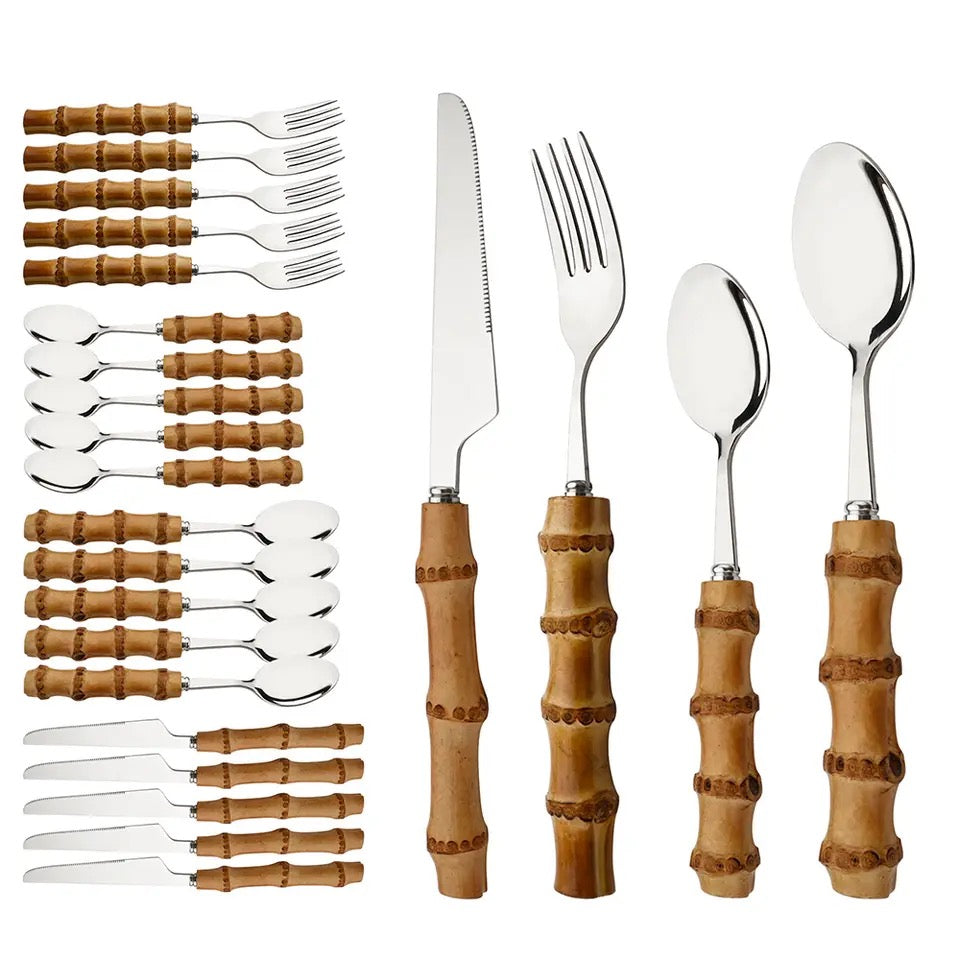 Set de couverts 24 pièces avec manche en bambou style bohème - Pyla