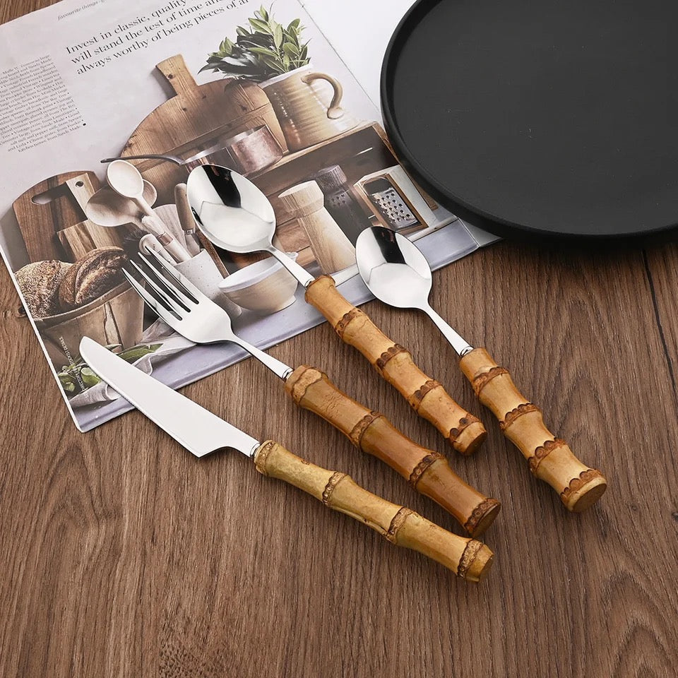 Set de couverts 24 pièces avec manche en bambou style bohème - Pyla
