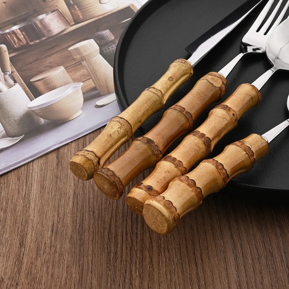 Set de couverts 24 pièces avec manche en bambou style bohème - Pyla