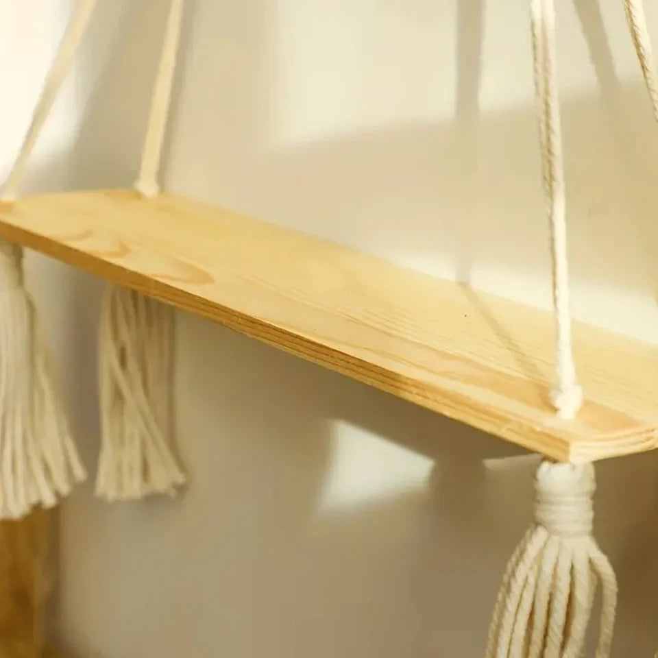 Étagére murale en bois avec corde en macramé style bohème - Piko