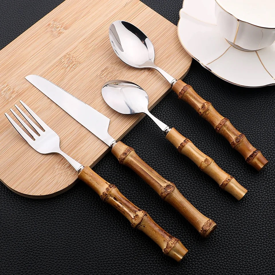 Set de couverts 24 pièces avec manche en bambou style bohème - Pyla