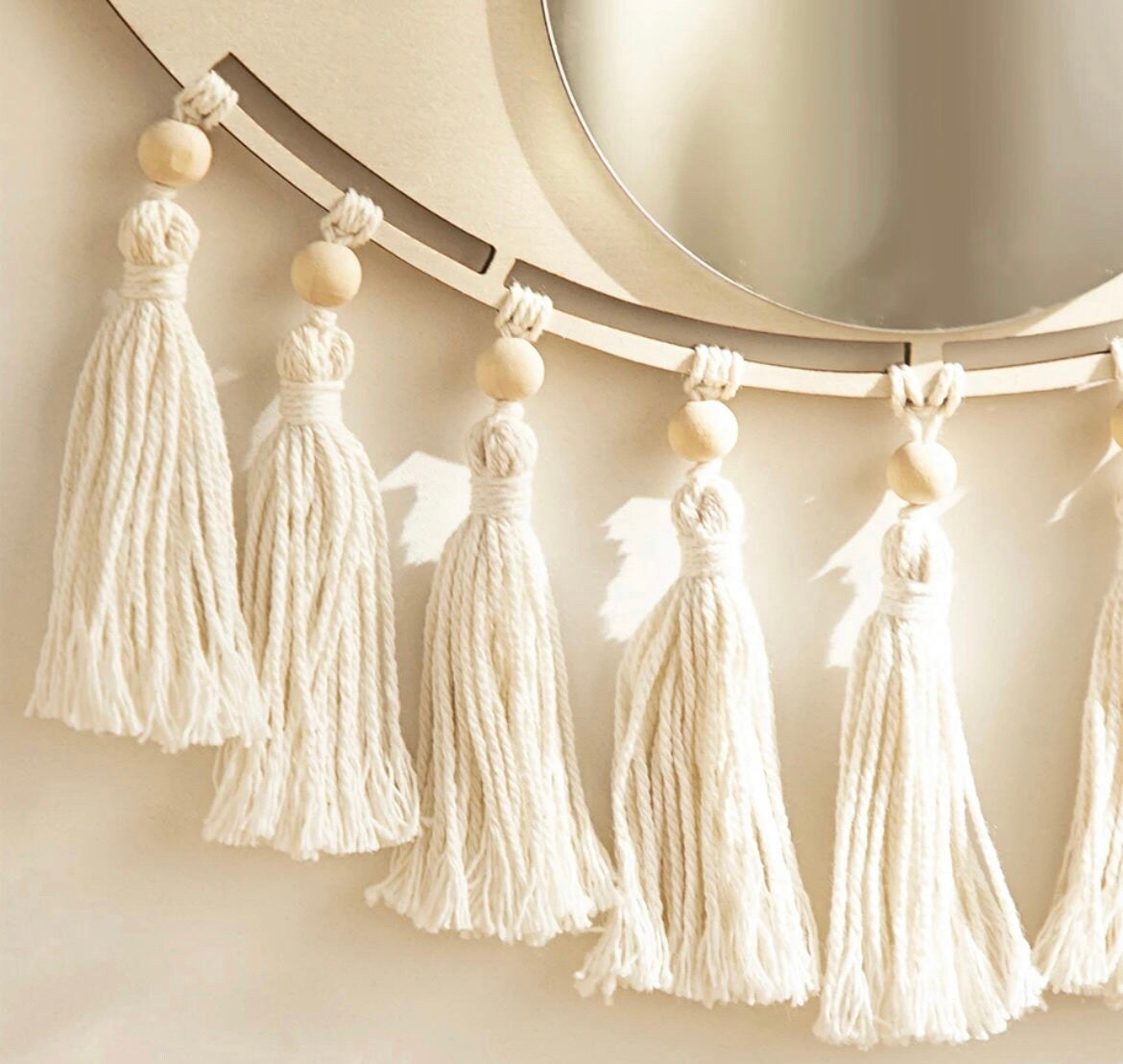 Tenture murale miroir en bois et macramé style bohème - Zinda
