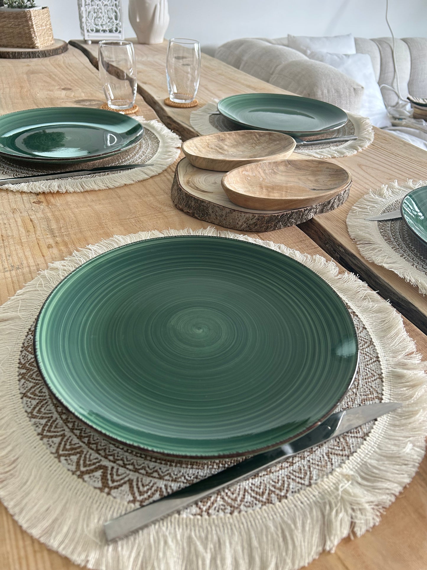 Lot de 4 grandes assiettes en faïence verte style bohème - Lema