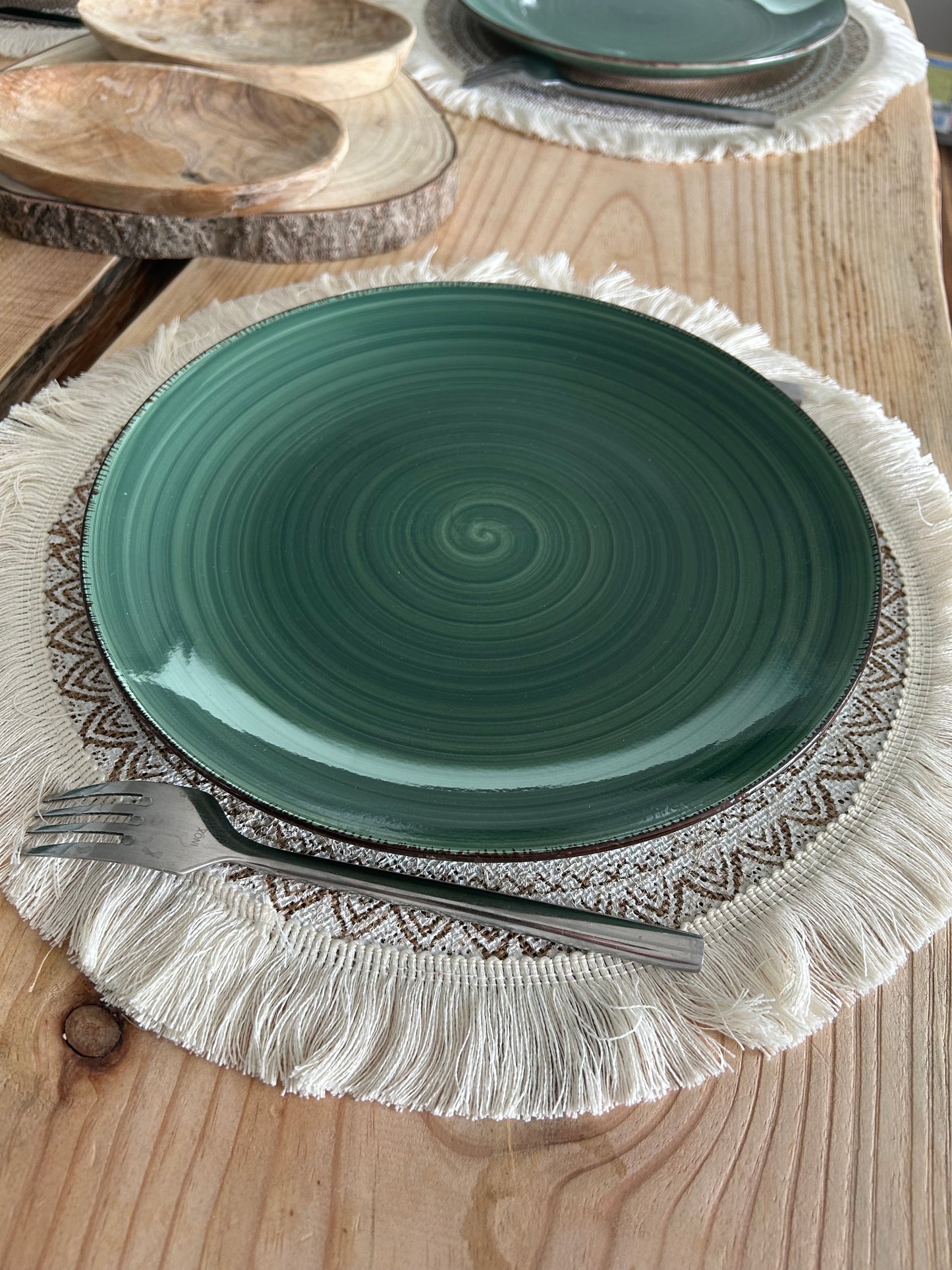 Lot de 4 grandes assiettes en faïence verte style bohème - Lema