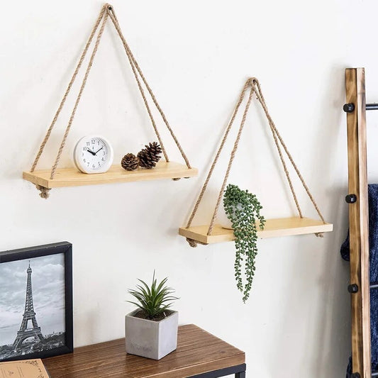 Juego de 2 estantes de pared de madera con cuerda de cáñamo estilo bohemio - Pito