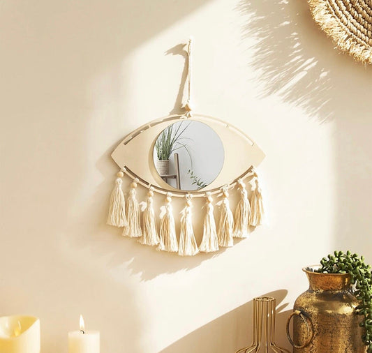 Colgante de pared espejo de madera y macramé estilo bohemio - Zinda